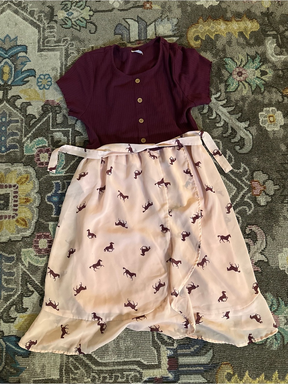 Wonder Nation Girls Dress Horse Print Ribbed Henley Faux Wrap Maroon Pink XXL 18